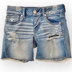 American Eagle Super Super Stretch Midi Jean Denim Shorts Size 0 Distressed Rip